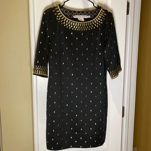 Gretchen Scott Black & Gold Embroidered Jersey Dress. Size Large